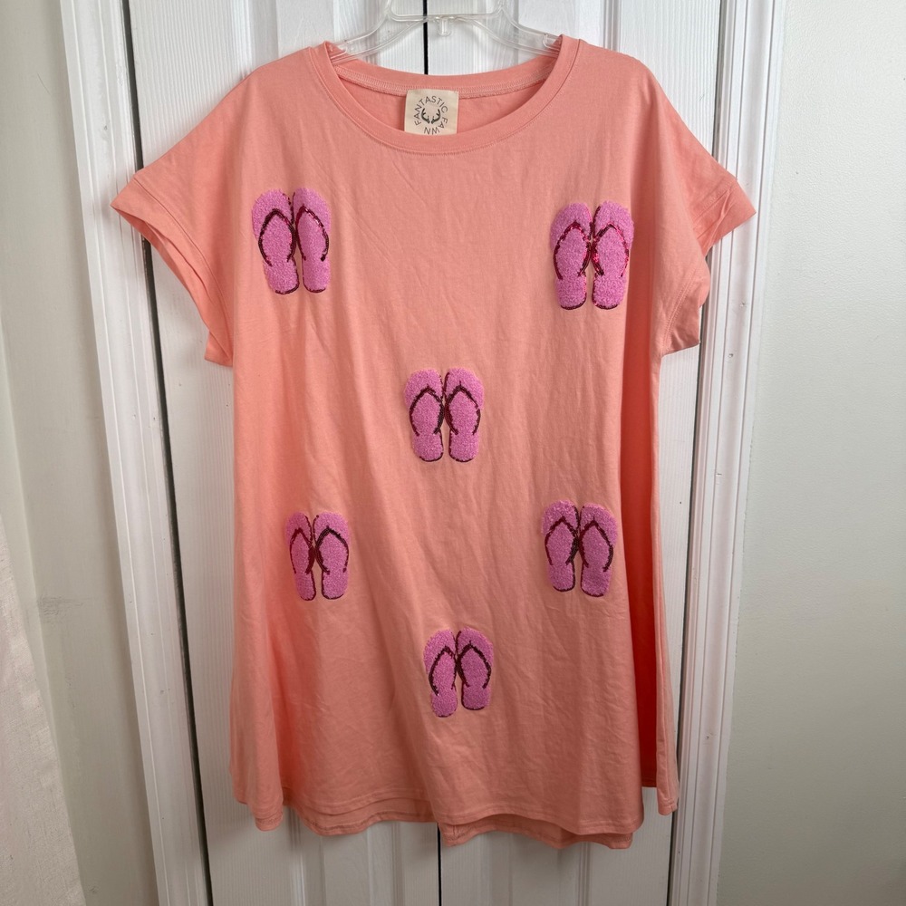 Fantastic Fawn Peach T Shirt Dress Womens Large Flip Flops Applique Summer Casua
